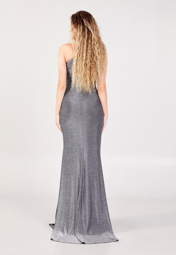 Metallic Silver One-Shoulder Evening Dress