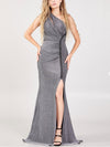 Metallic Silver One-Shoulder Evening Dress